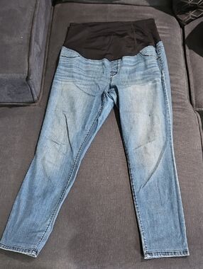 Maternity Blue Denim Stretch Jeans with Black Waist Panel